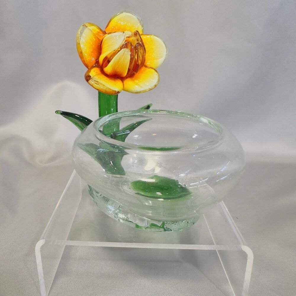Vintage Art Glass Hand Made Yellow Flower W Vase Bowl HTF Center Piece UV Glow